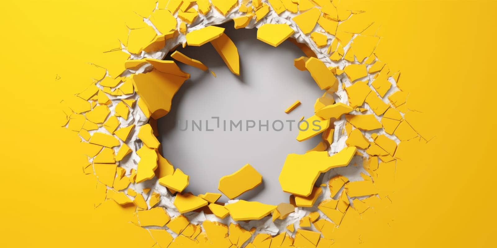 Breaking out of a hole in solid Yellow wall, torn hole, empty copy space frame, mockup. Generative AI image weber.