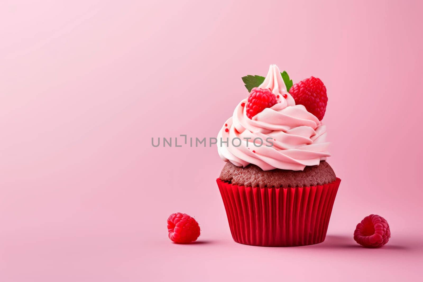 A beautiful dessert for Valentine's Day. Cupcake on a pink background. Cupcake decorated with cream and hearts. The concept of celebrating February 14.