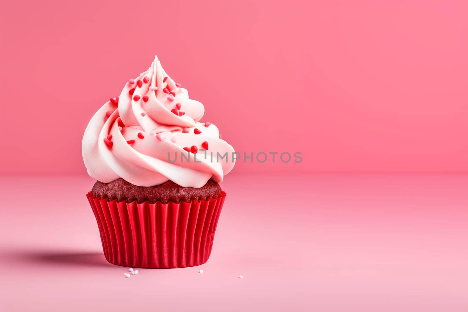 A beautiful dessert for Valentine's Day. Cupcake on a pink background. Cupcake decorated with cream and hearts. The concept of celebrating February 14.