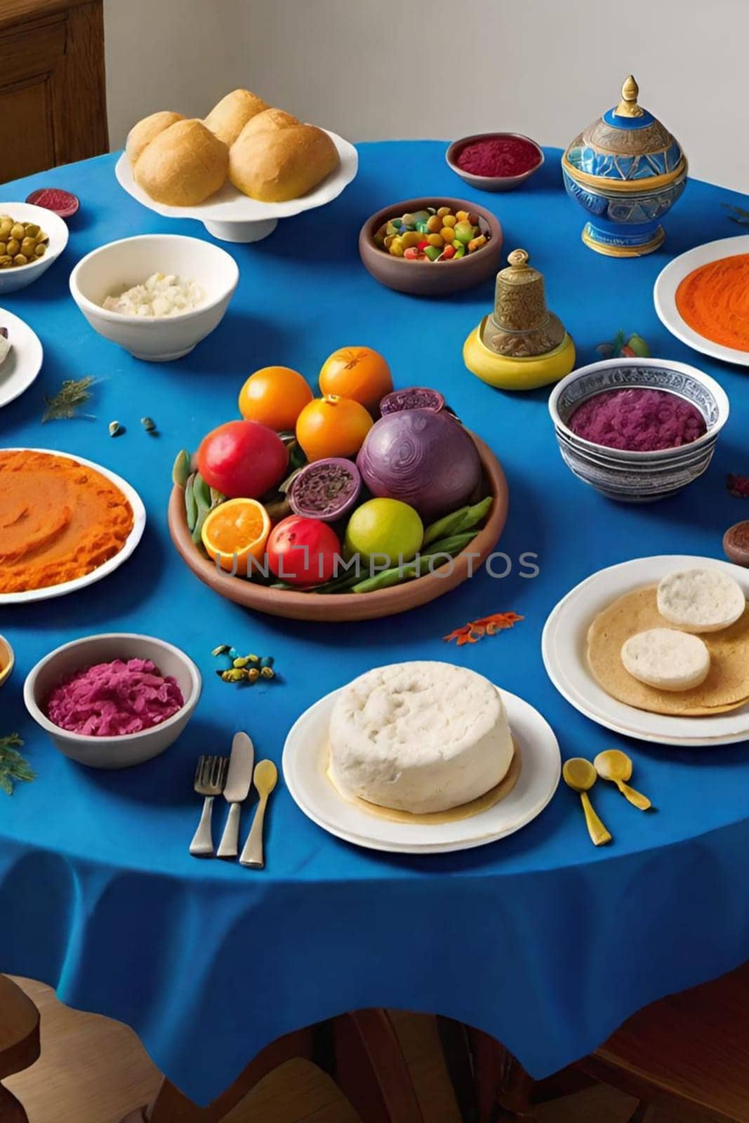 Holiday food on the table, traditional different sauces white plate, plates blue tablecloth. High quality 3d illustration Christmas