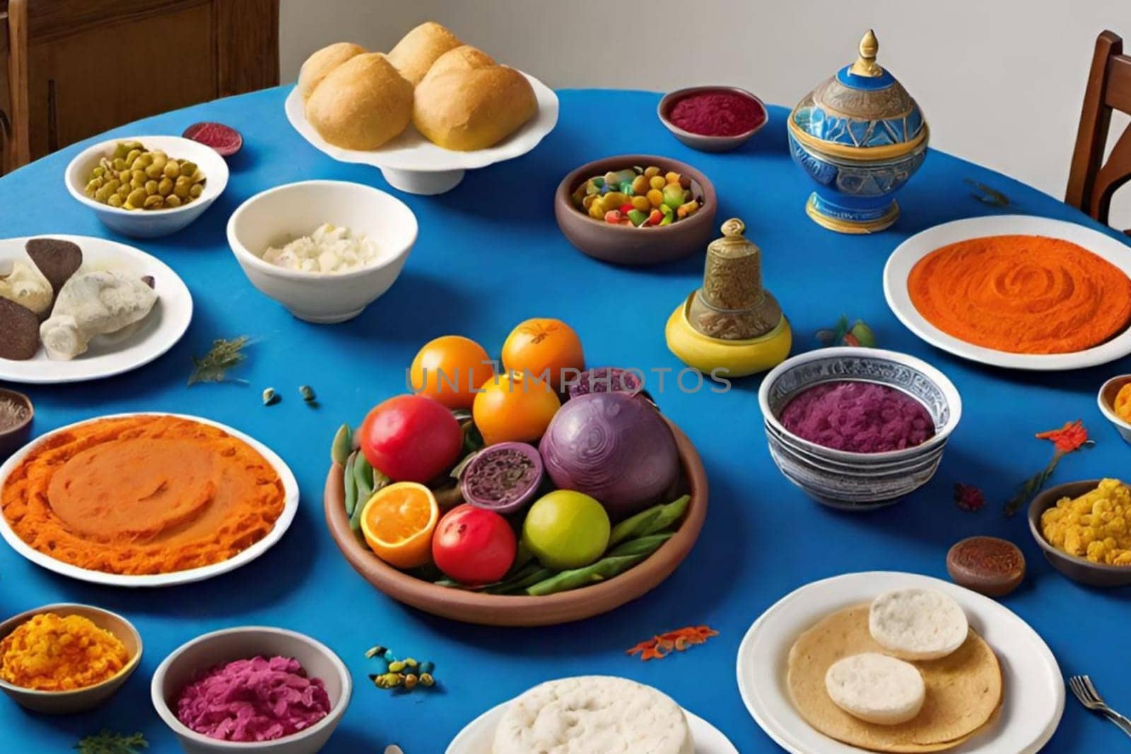 food on the table, different sauces white plate, plates blue tablecloth fruit dessert Passover holiday.. High quality 3d illustration