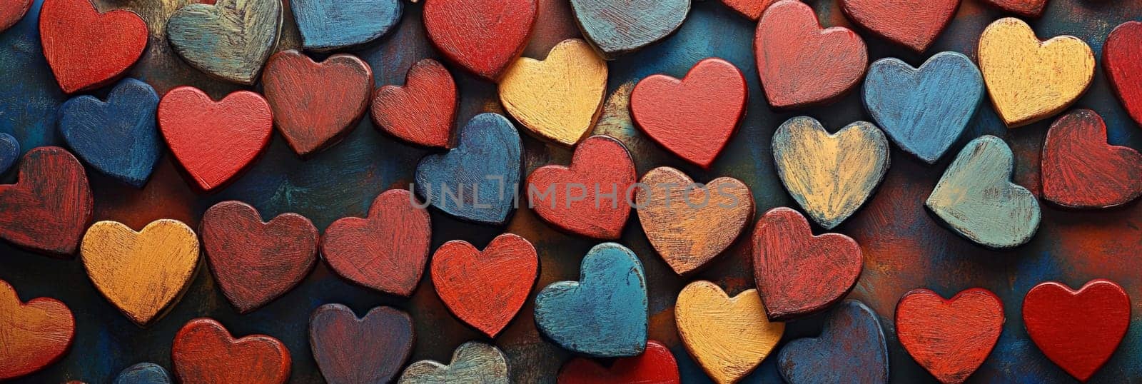 Valentines Day banner bursting with colorful hearts in various shades, set against vibrant background. This playful design captures essence of love, perfect for promotion, gift, romantic celebration