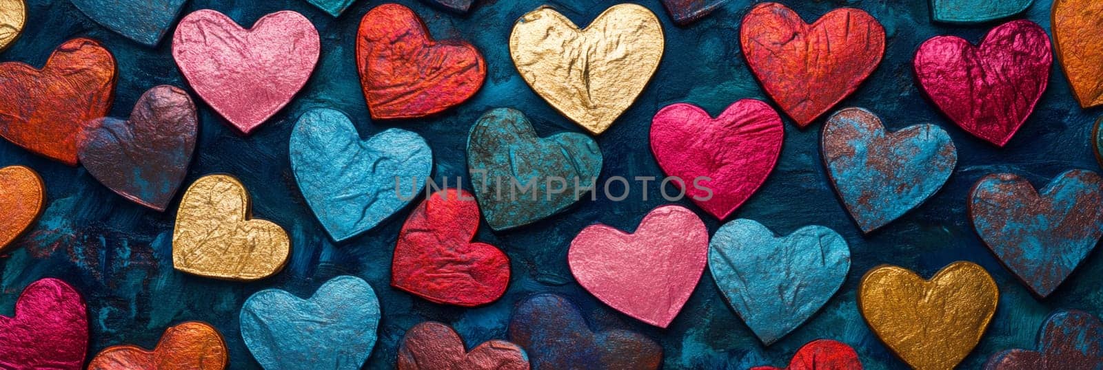 Valentines Day banner showcasing array of vibrant, textured hearts in pink, blue, gold against deep background. This eye-catching design captures spirit of love, celebration, for promotion, gift