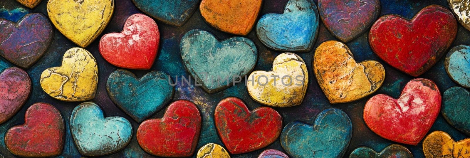 Valentines Day banner featuring vibrant collage of colorful hearts in red, pink, yellow, blue against textured background. This playful design evokes feelings of love, joy, perfect for promotion, gift