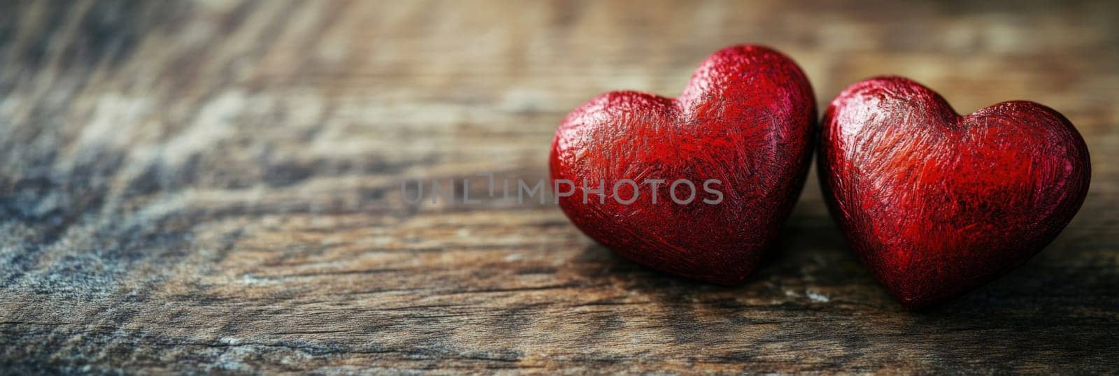 Valentines Day banner featuring two beautifully crafted red hearts set against warm wooden background. This charming design evokes feelings of love, warmth, for romantic promotion, gifts, celebration