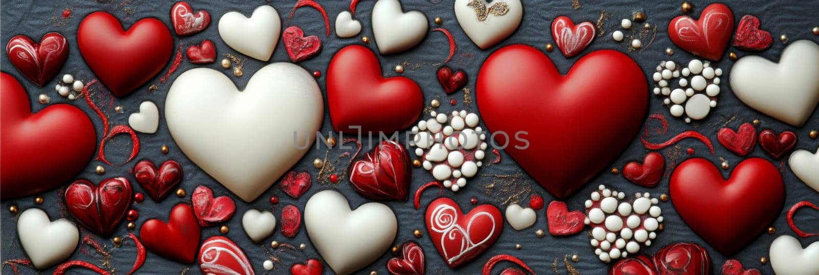 Valentines Day banner delightful arrangement of red, white hearts, decorated with charming swirls, accents. This vibrant design captures essence of love, celebration, for romantic gift, promotion