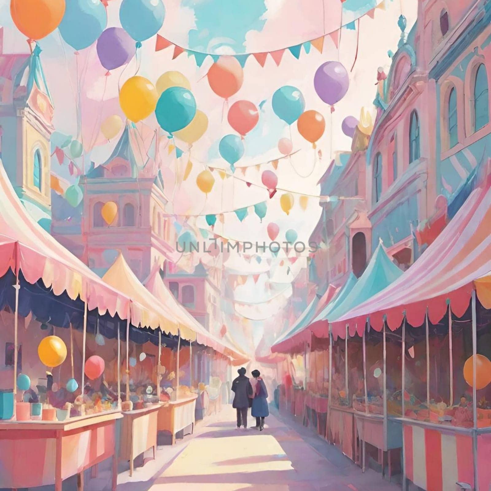 holiday festival painting paint inflatable balloons street carnival, watercolor blue sky pink yellow gentle style illustration art. High quality illustration