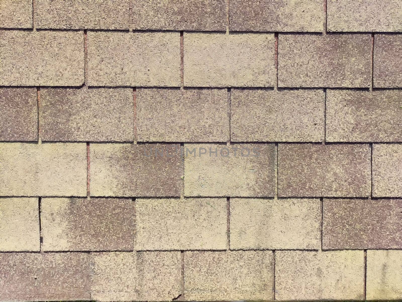 A close-up view of roofing shingles displays a textured surface with a neutral color palette under bright daylight.
