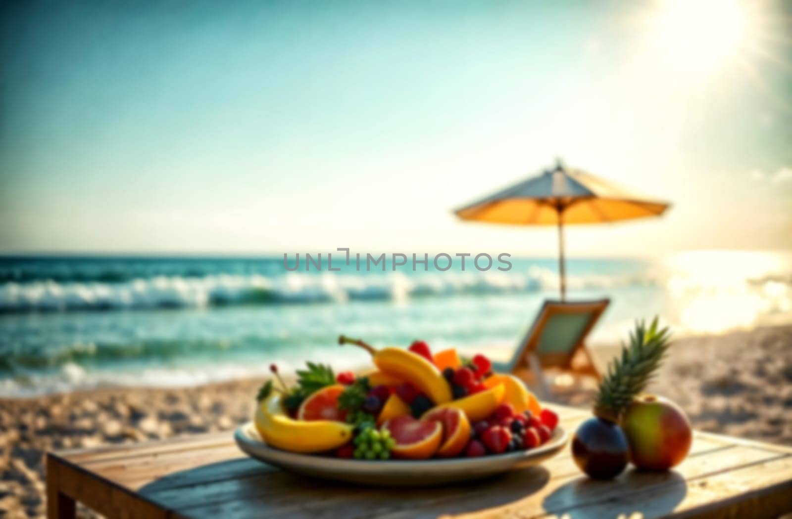 A vibrant assortment of fresh fruits lies on a table beside a beach, with a sun umbrella and ocean in view.. Blurred picture