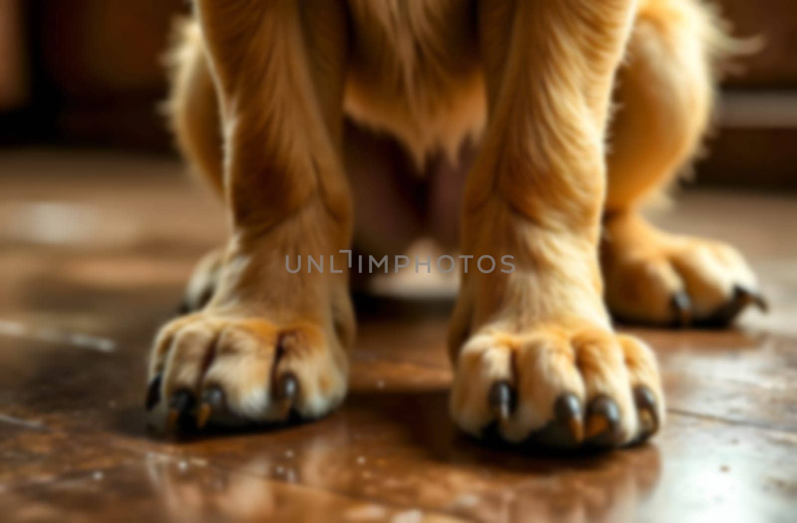 A golden retriever\'s paws sit on a polished wooden floor, showcasing its claws and fur in a warm, inviting indoor environment.. Blurred picture
