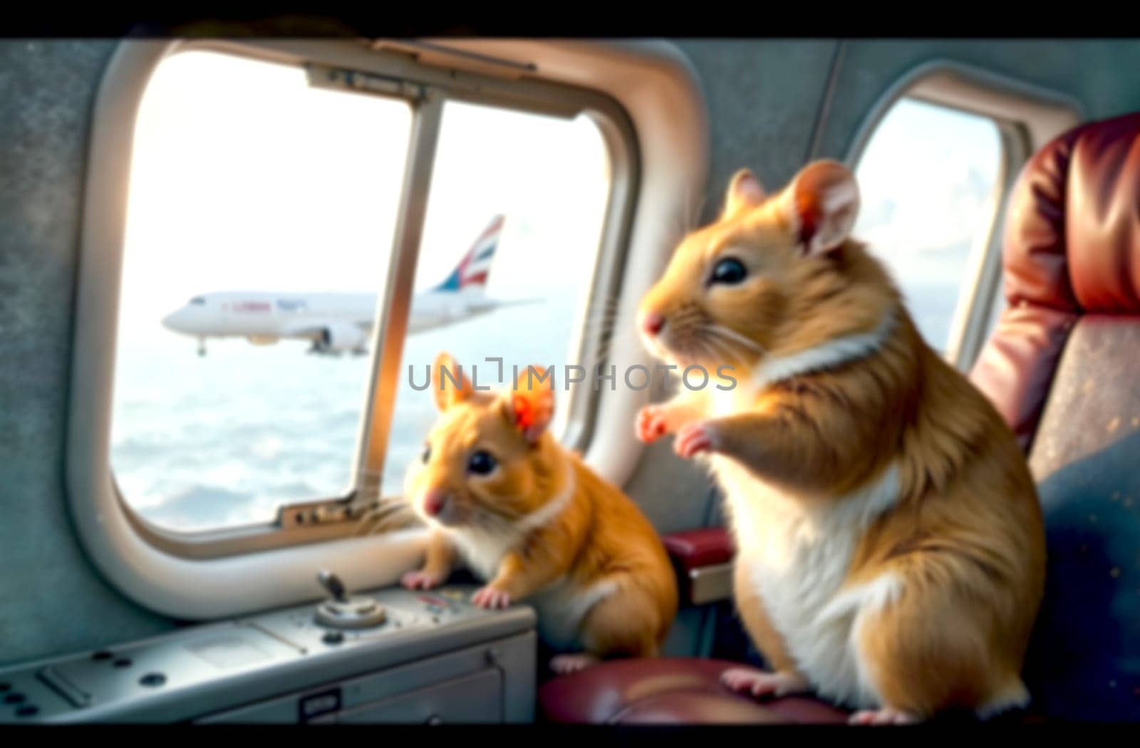 Two hamsters observe the clouds and another airplane from their seats during a flight in daylight.. Blurred picture