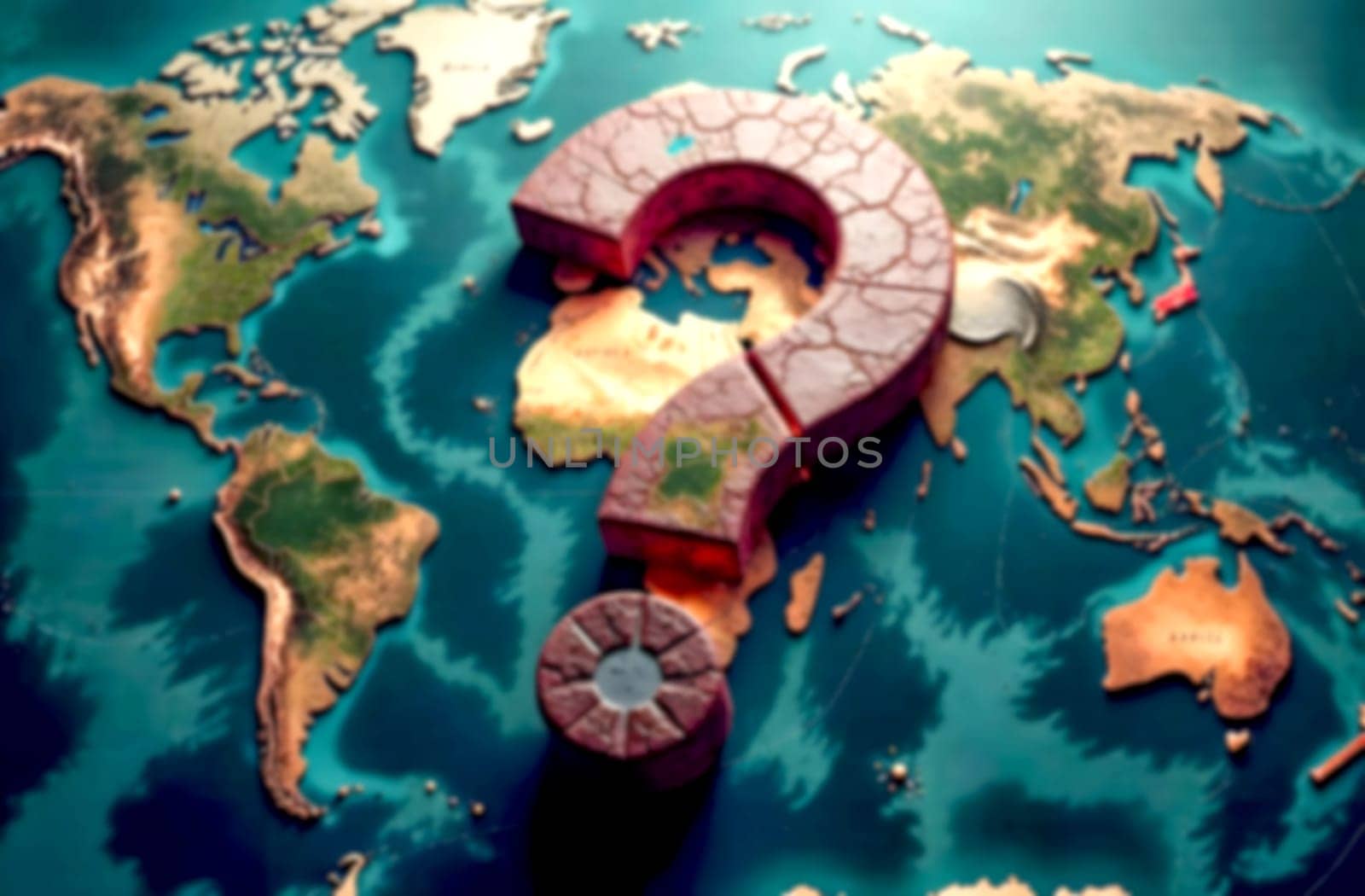 A world map highlighted by a prominent question mark symbolizes global conflicts and their complex implications for humanity.. Blurred picture