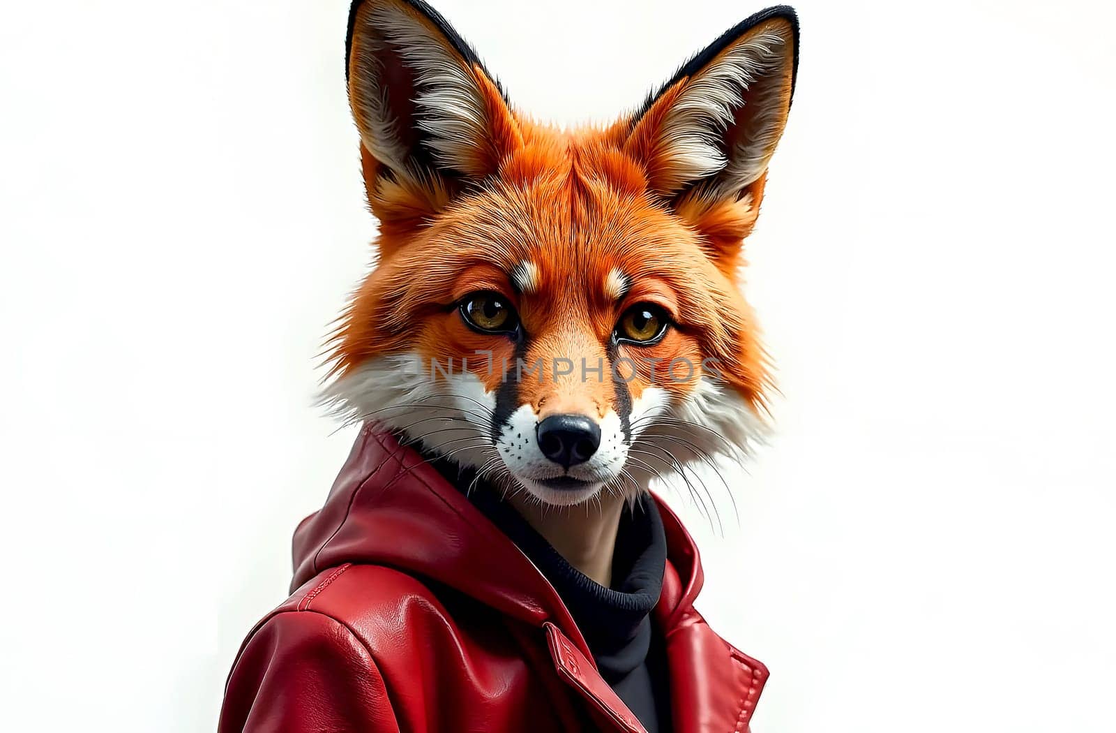 A creative character with a fox head, vibrant orange fur, sharp eyes, and a stylish red jacket. quadrobists
