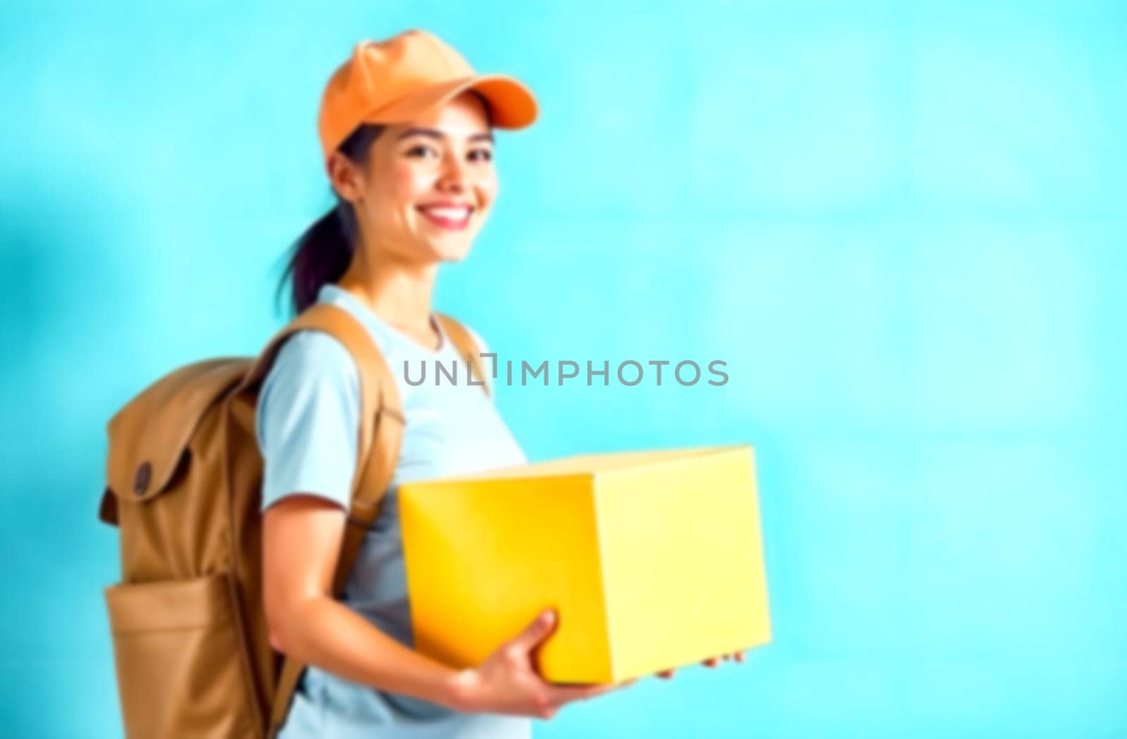 A cheerful courier with a backpack holds a yellow delivery box while smiling, set against a bright blue backdrop. Blurred picture.