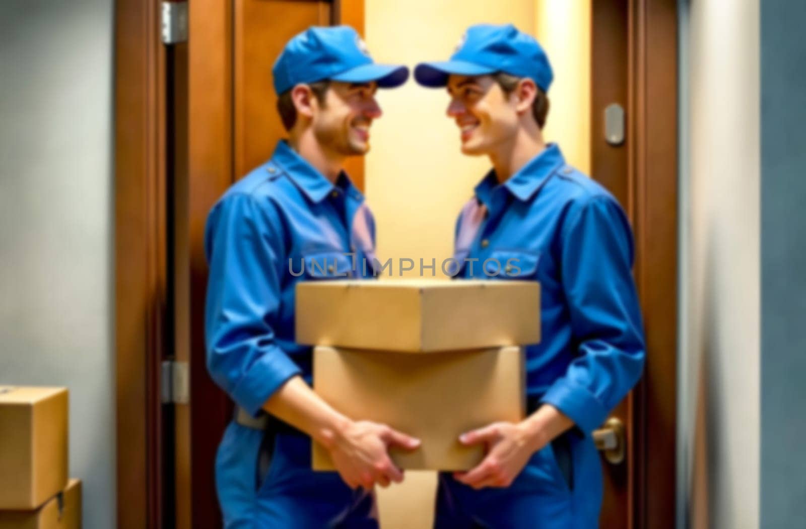 Two animated couriers are joyfully exchanging packages in a blurred hallway, showcasing a lively delivery interaction. Blurred picture.
