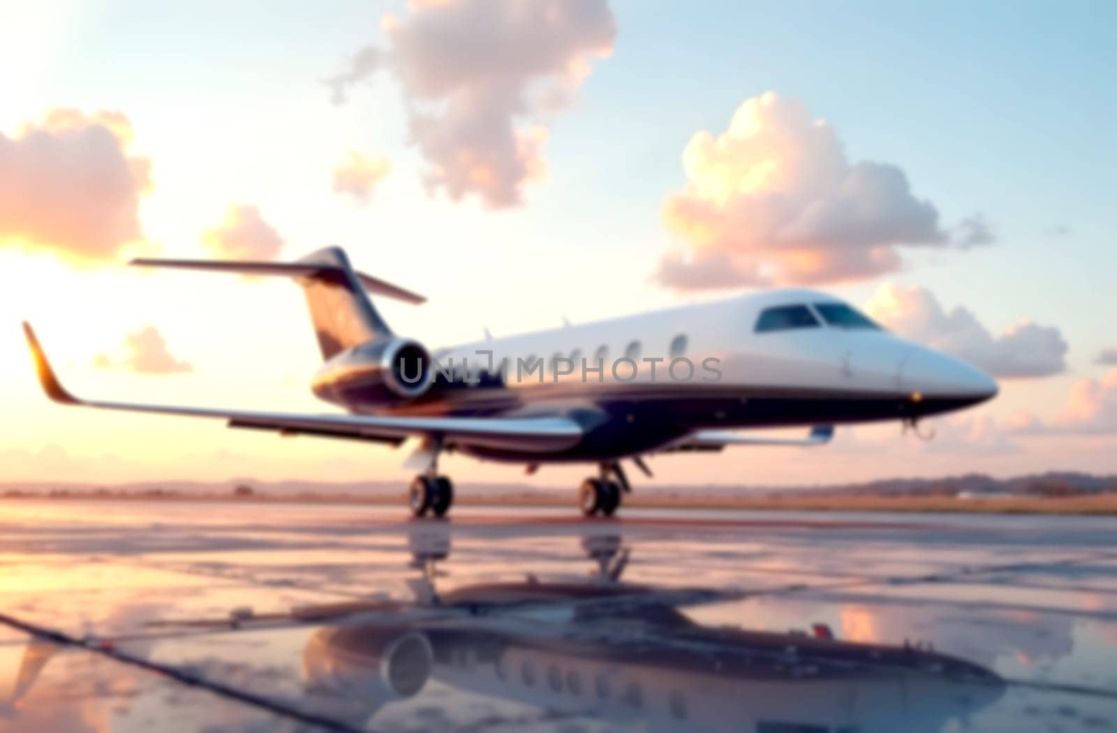 A sleek private jet is parked on the runway, reflecting the beautiful sunset and colorful clouds, casting a serene ambiance in the sky.. Blurred picture