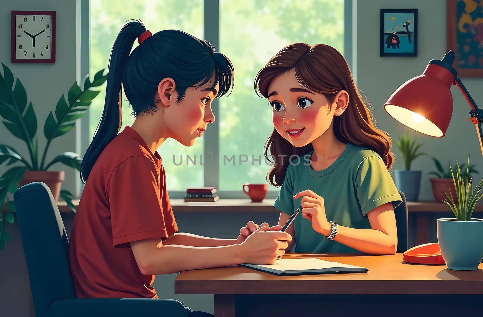 Two teenagers engage in a lively discussion while studying at a desk surrounded by plants and natural light streaming through the window.