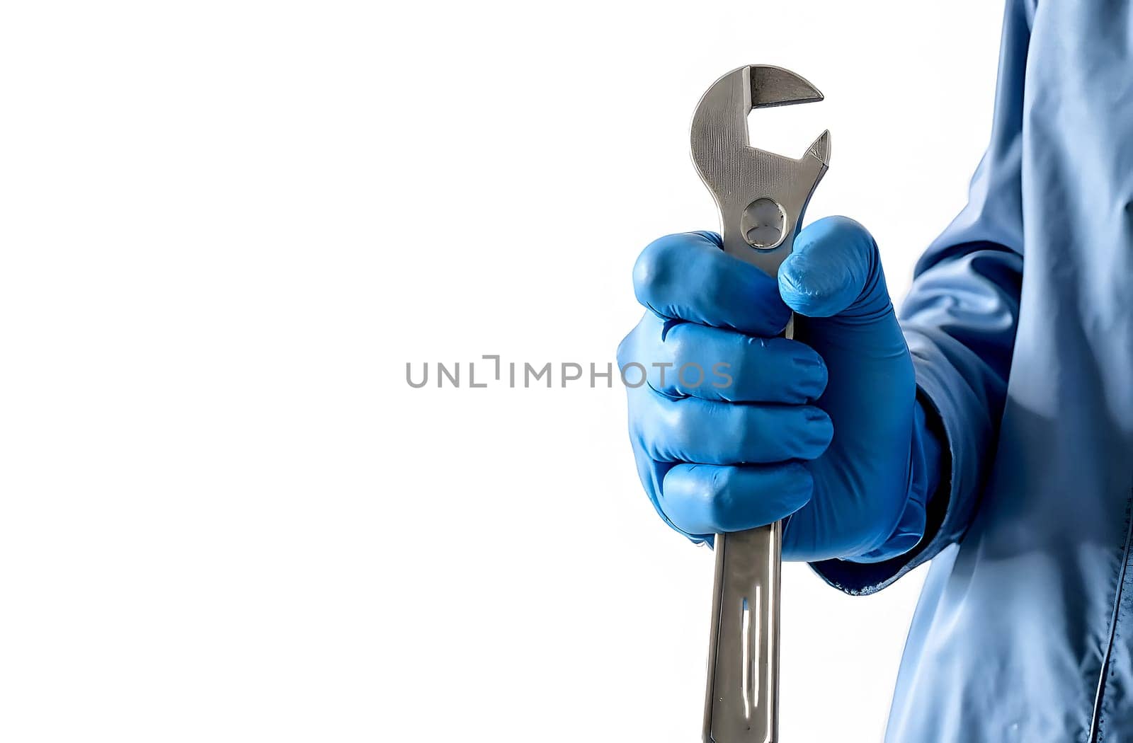 A worker in blue gloves grips an adjustable wrench, preparing for mechanical repair or maintenance in a sterile setting.