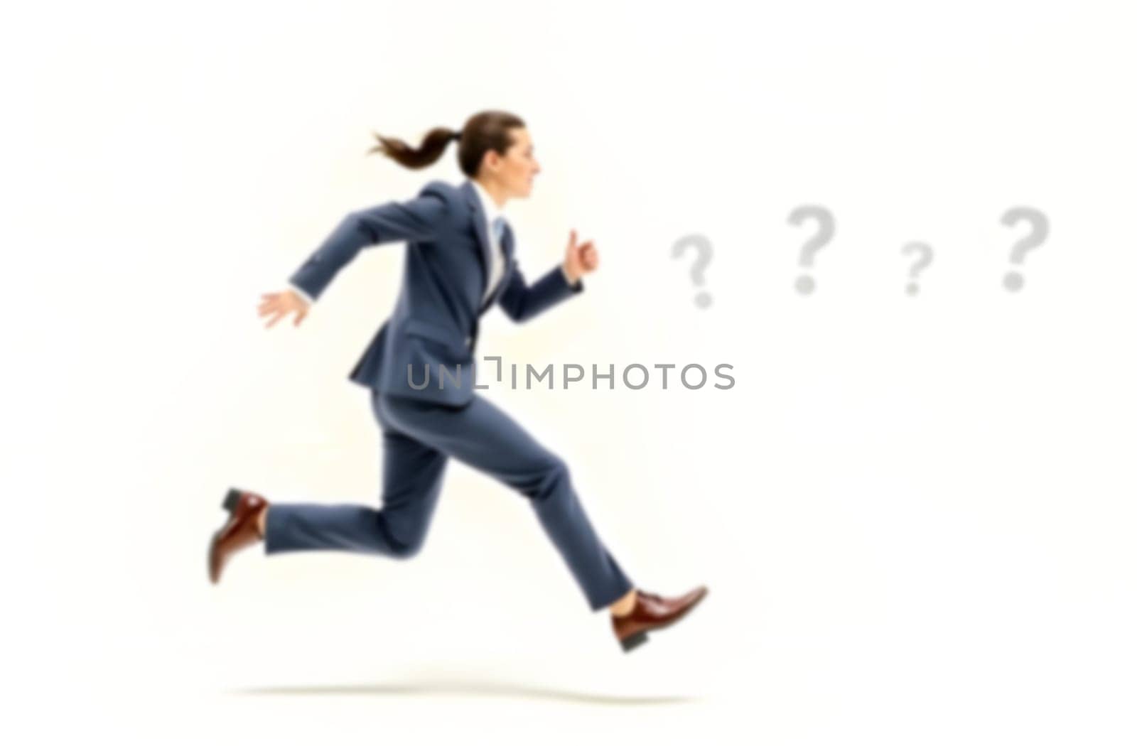 A business person in formal attire runs toward several question marks, representing ambiguity and challenges in a blurry context. Blurred picture.