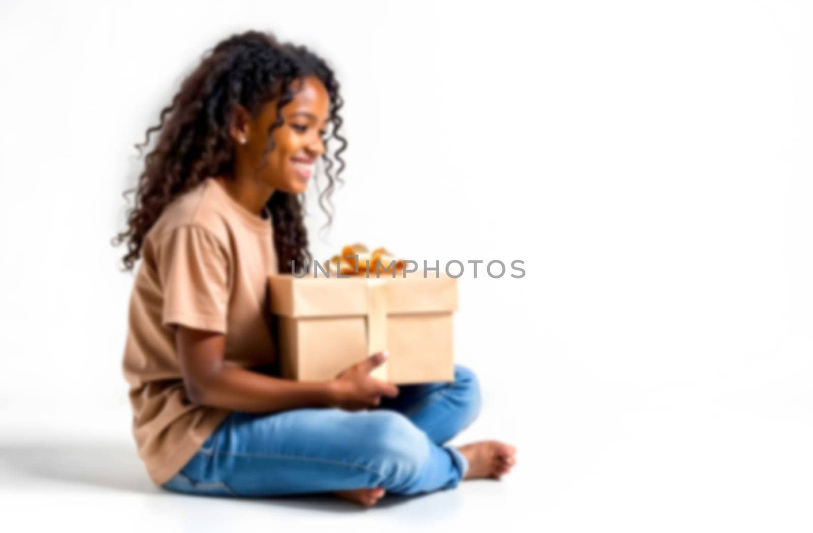 A young child with curly hair is joyfully holding a beautifully wrapped gift box, expressing excitement and happiness indoors.. Blurred picture