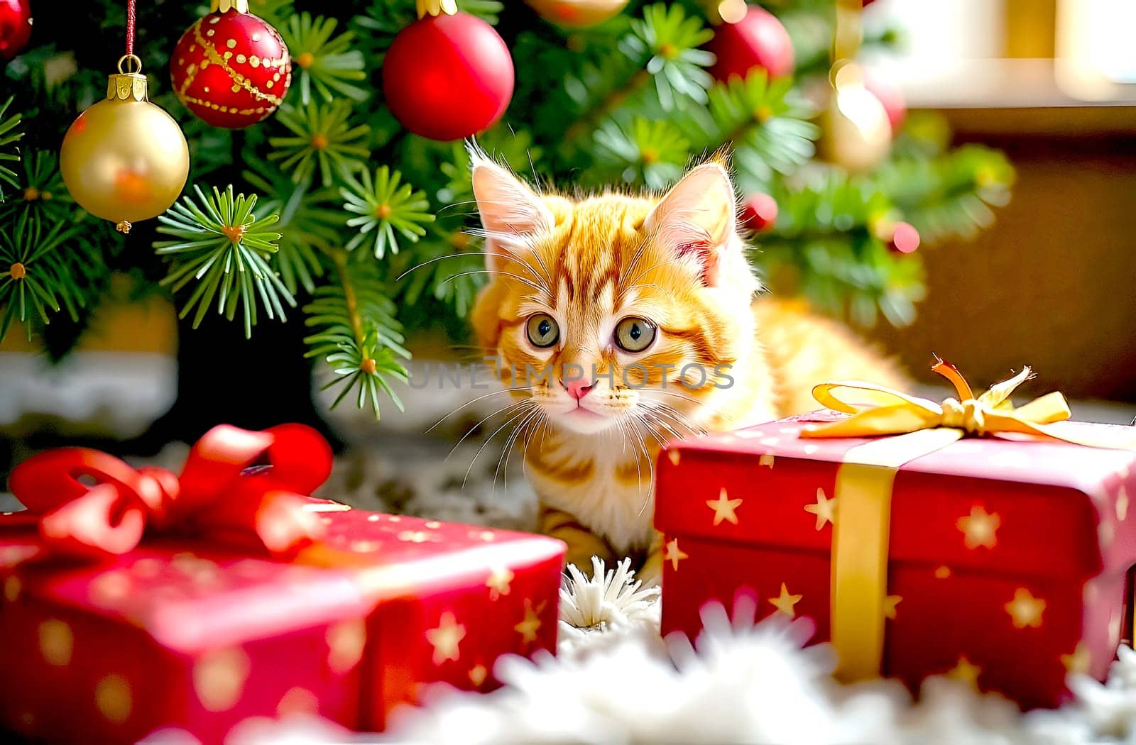 Orange kitten curiously investigates colorful presents placed beneath a beautifully decorated Christmas tree while holiday ornaments sparkle.