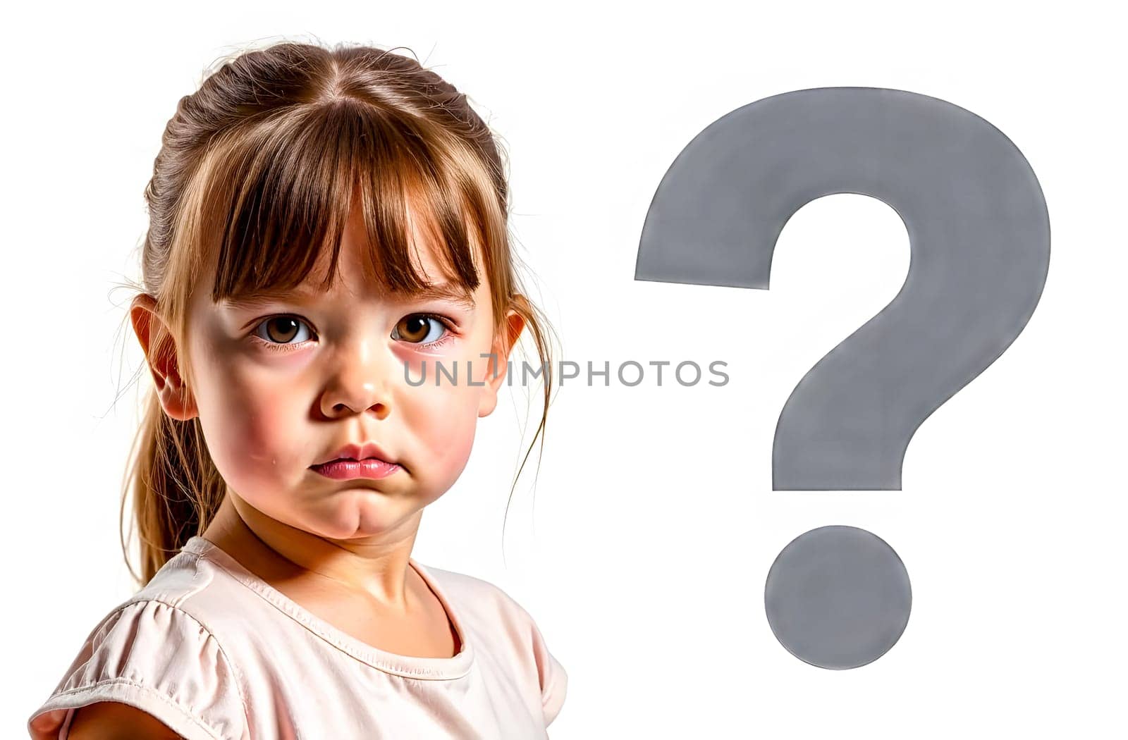 A young girl displays a puzzled expression next to a large question mark, symbolizing confusion and the search for solutions to difficulties.. Blurred picture