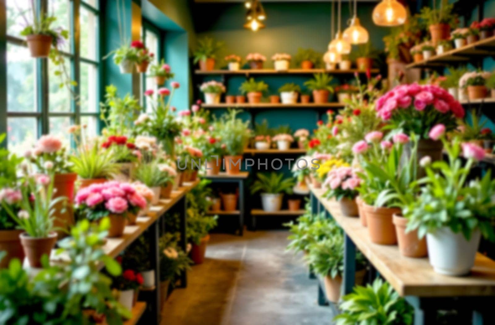 Colorful blooms fill each table in the flower shop, showcasing various plants under warm pendant lights in a cozy atmosphere.