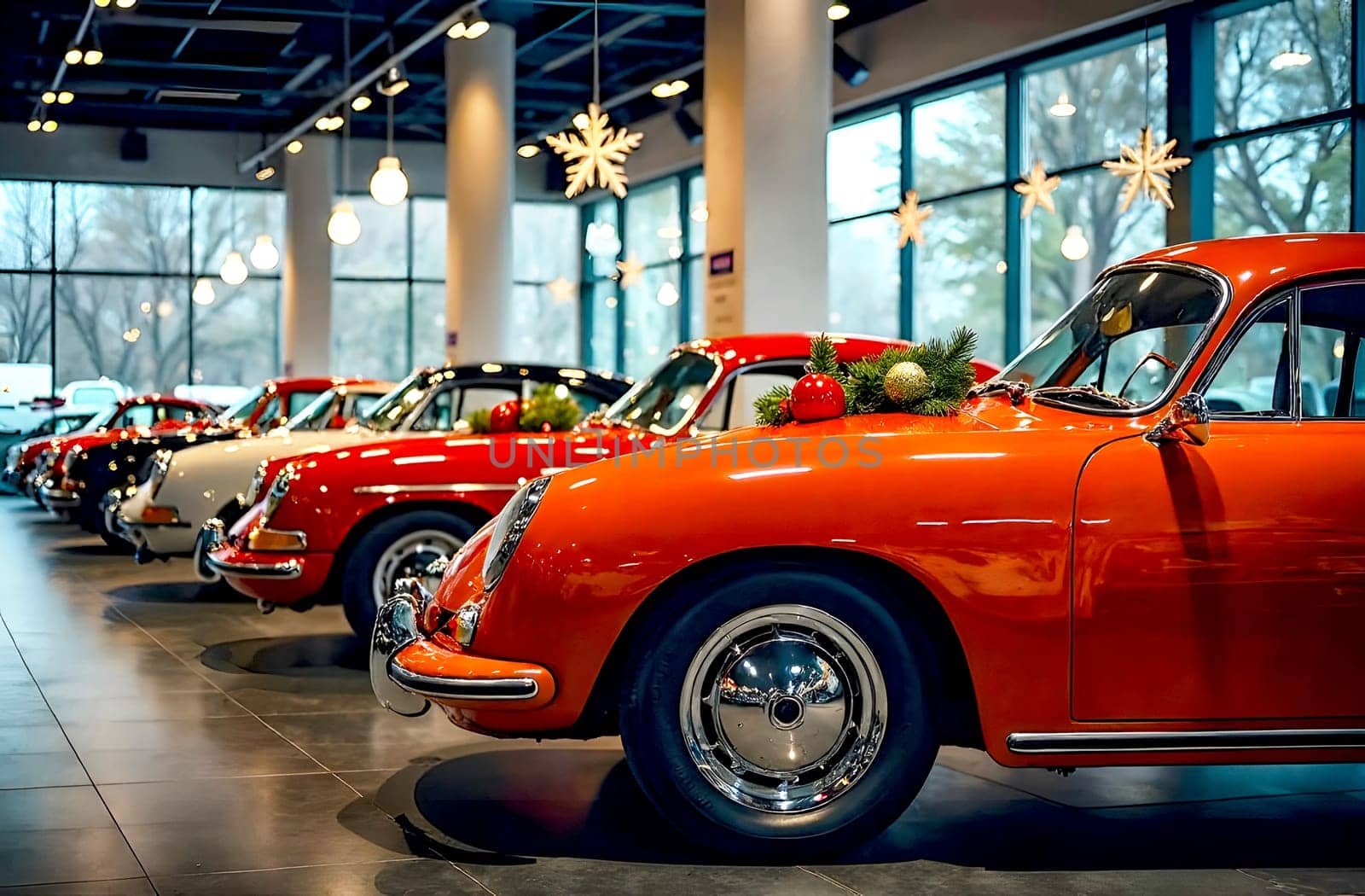 Classic cars adorned with festive decorations in stylish showroom, showcasing a holiday spirit and elegance during the New Year.. Blurred picture