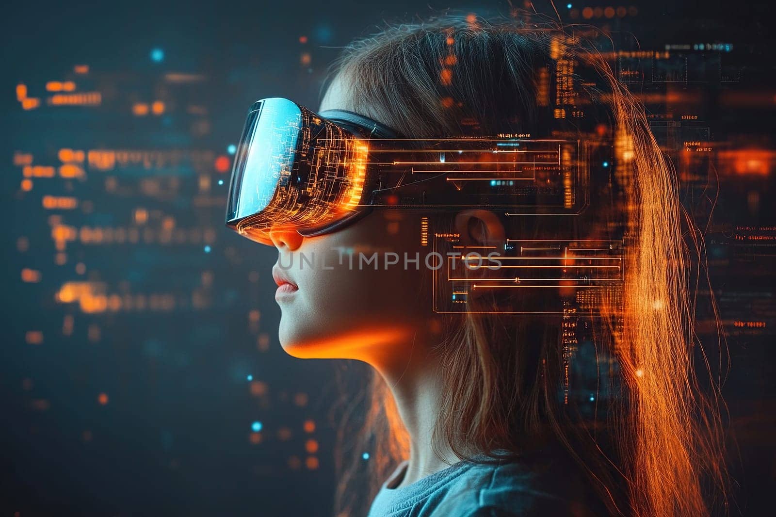 A schoolgirl in virtual reality glasses passes a stream of information through her brain. Concept of future learning.