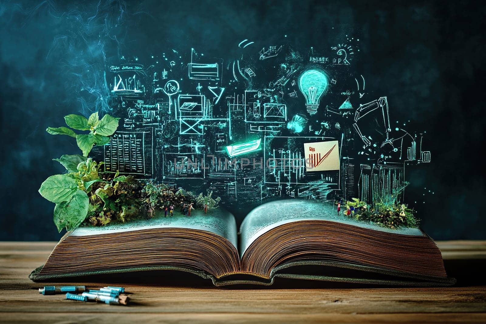 An open book with a virtual projection of the earth, greenery and graphs. The concept of the latest technologies in education.