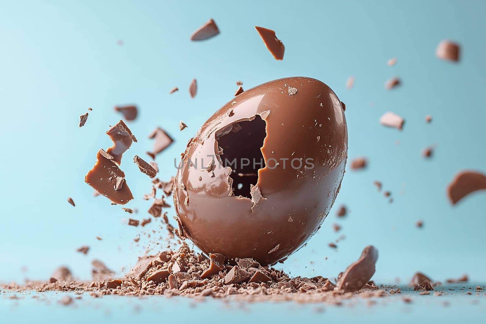 Chocolate egg falling apart in flight on blue background. Surprise for children's parties, chocolate egg shells