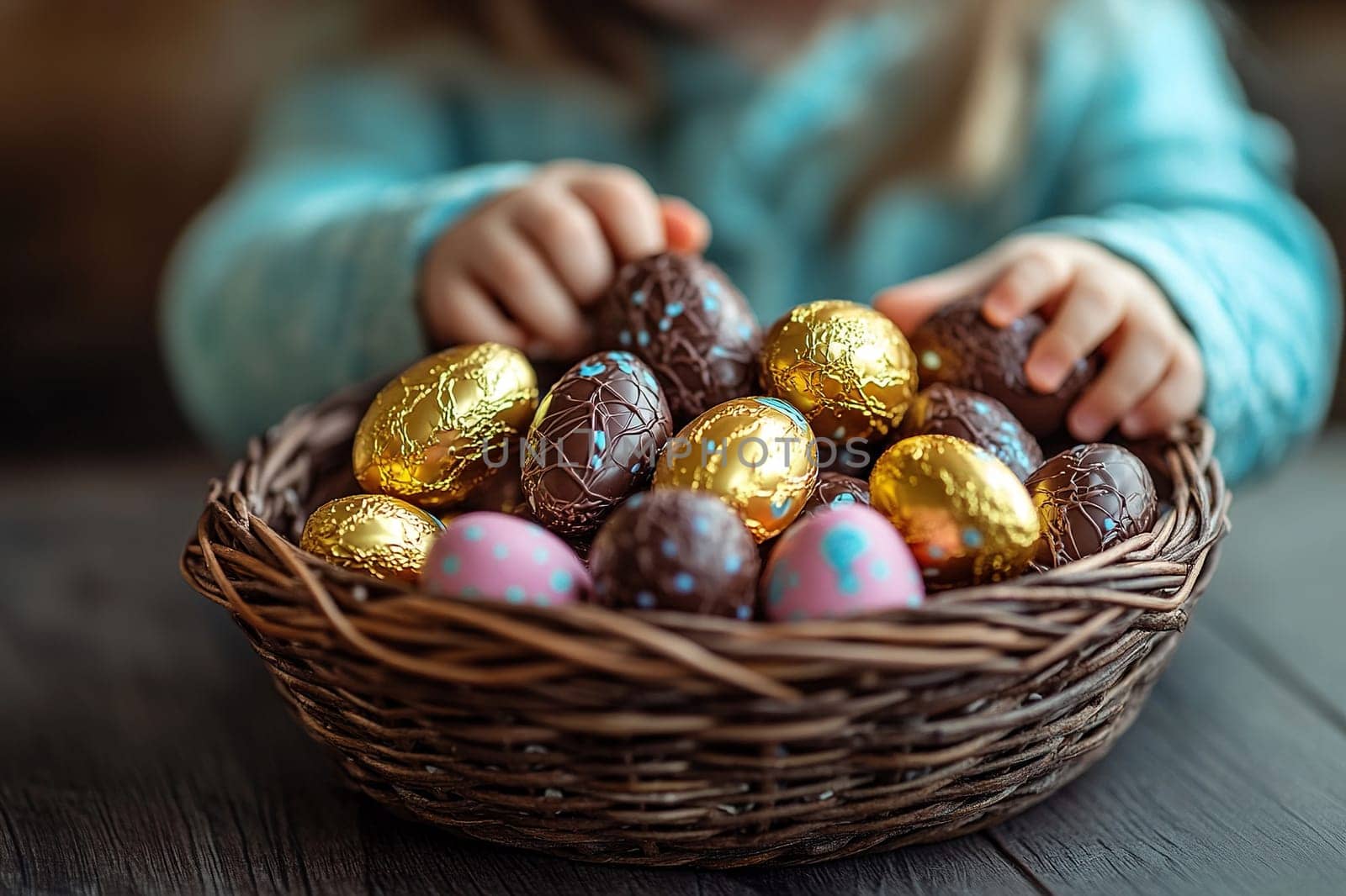 A little girl's hands reach for chocolate eggs in a wicker basket on Easter Day.