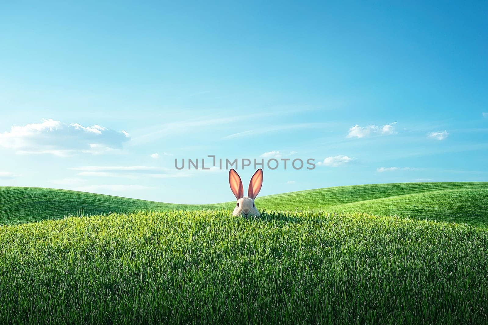 A stuffed Easter bunny is hiding in a meadow. The Easter bunny's ears are sticking out in the green grass behind the hill.