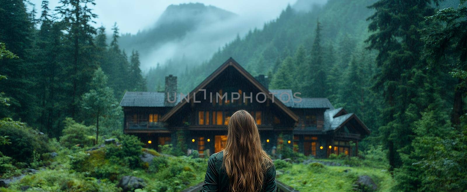 A woman with long brown hair stands admiring a beautiful log cabin nestled in a lush, rain-swept forest.