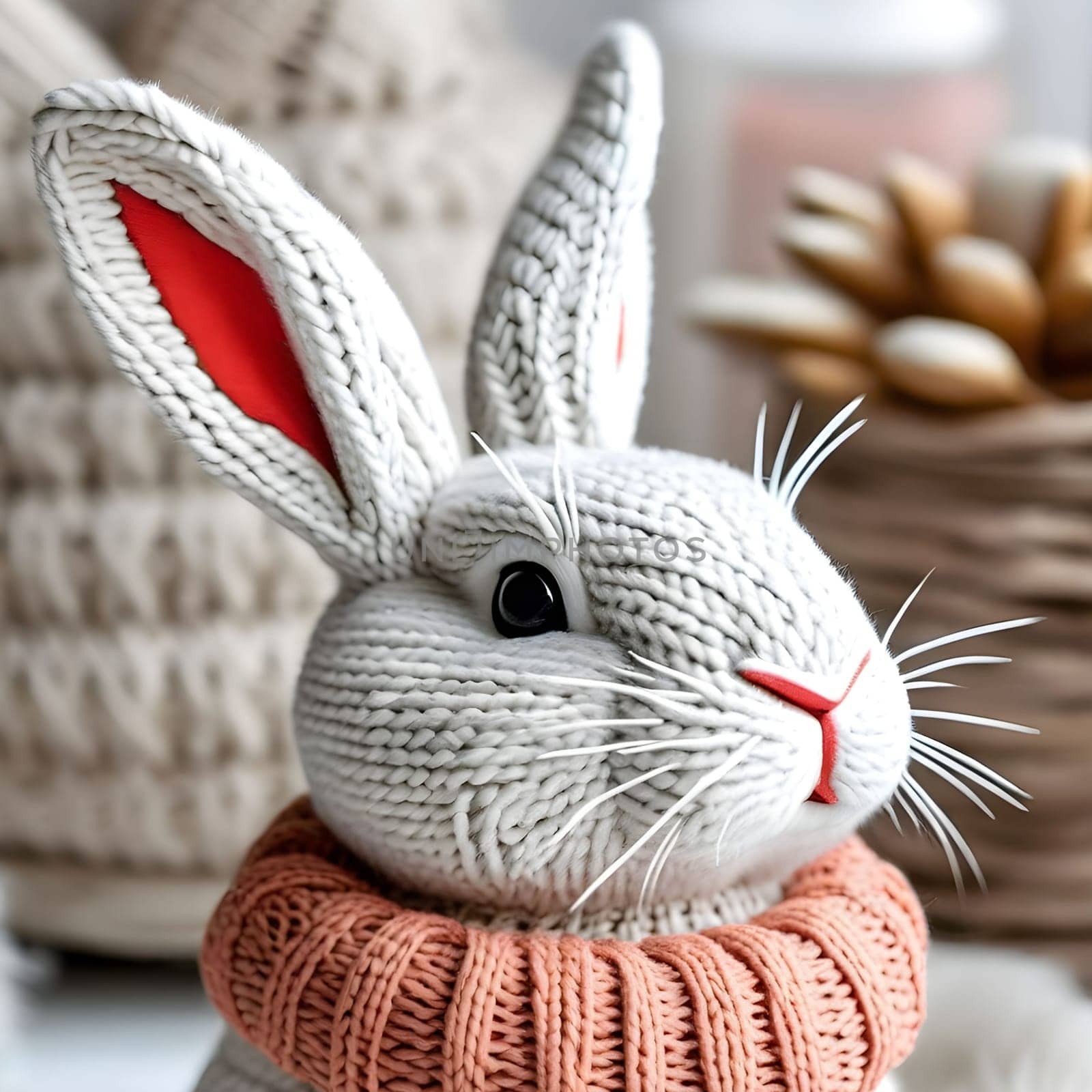 white rabbit 3d model toy gray background Scandinavian style Easter symbol, pink scarf long ears muzzle. High quality 3d illustration alt