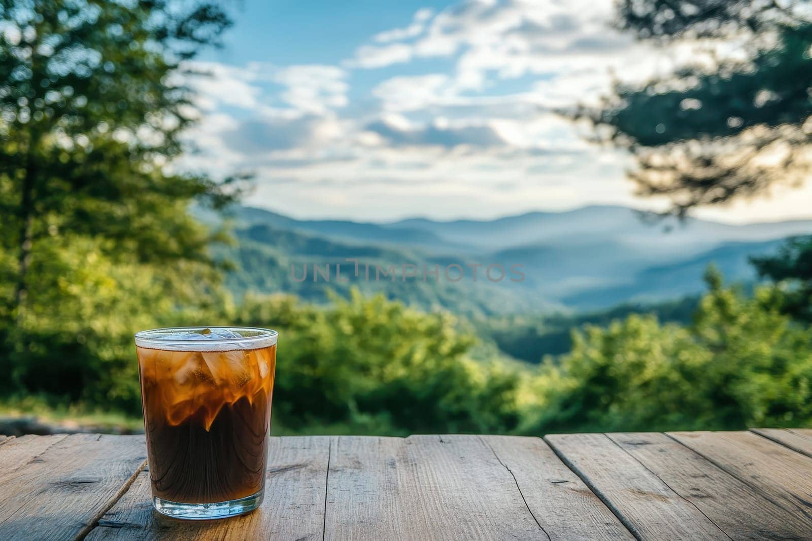 A glass of iced coffee sits on a wooden table with a breathtaking mountain view in the background, perfect for enjoying nature's beauty.