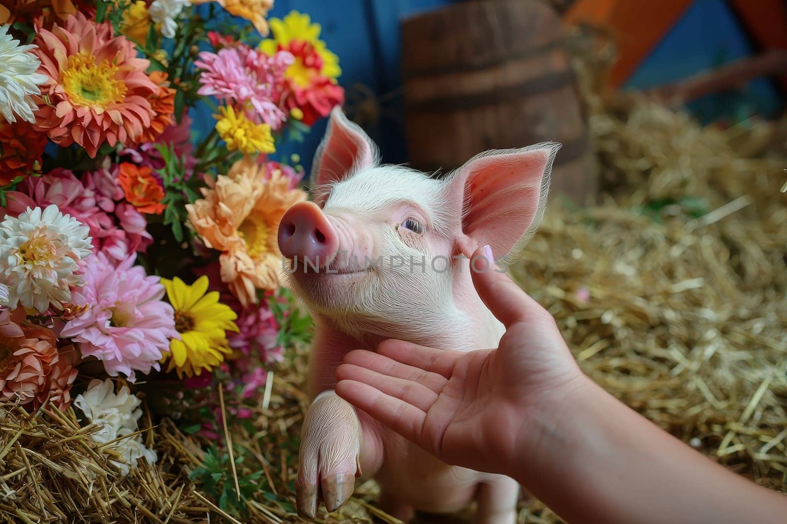 A charming piglet enjoys a gentle touch from a hand amidst colorful flowers in a cozy barnyard. The scene captures the essence of joy and innocence in nature.