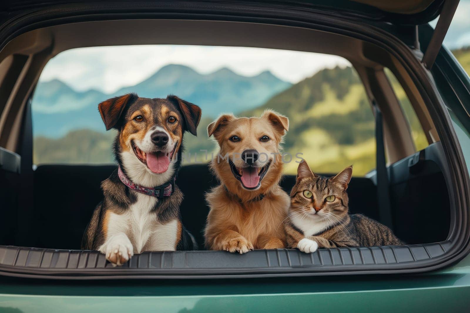 Three adorable pets, two happy dogs and a playful cat, eagerly look out from a car trunk, ready for their next adventure in a beautiful natural landscape.