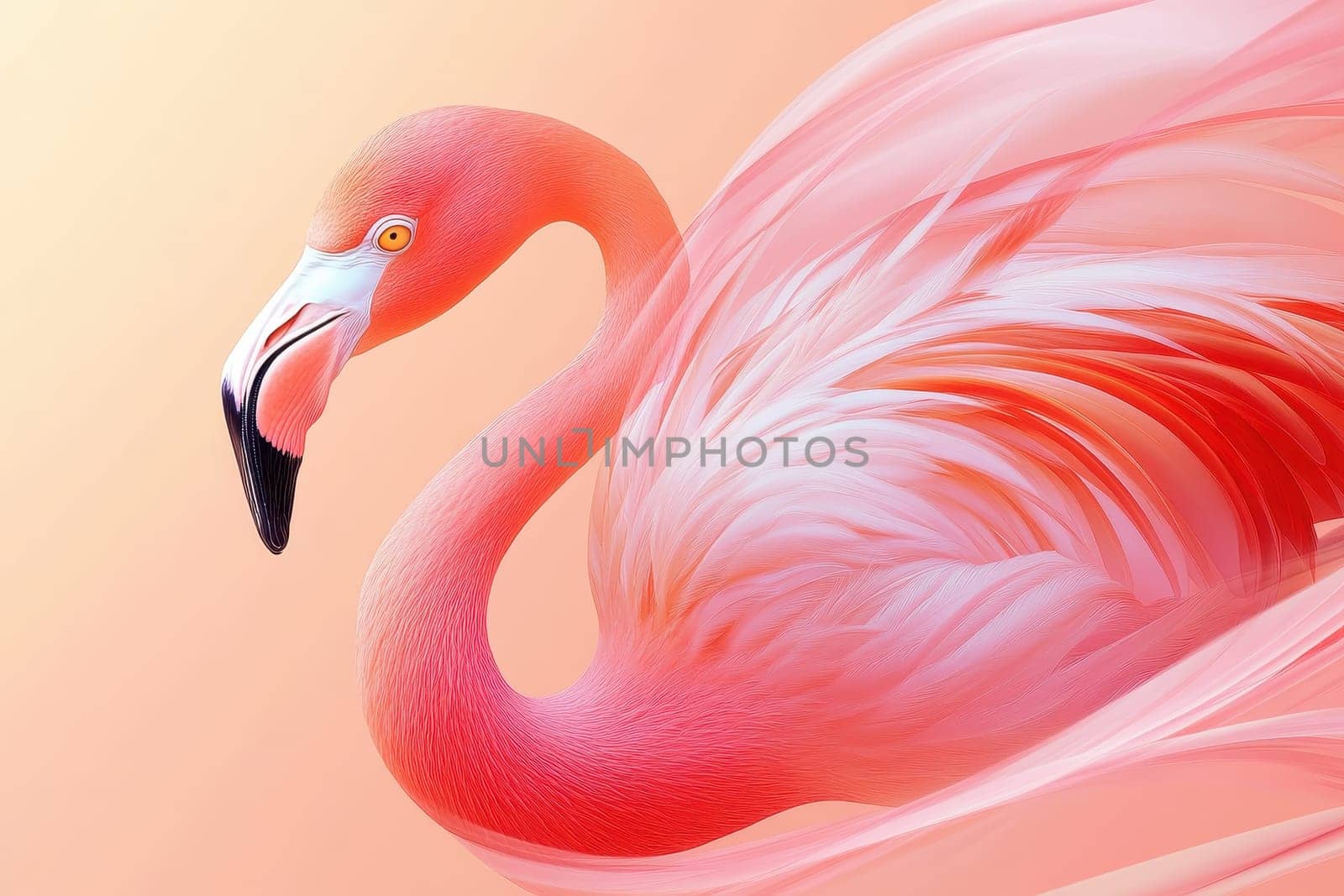 This stunning portrait captures a flamingo in graceful pose, showcasing its vibrant feathers and elegant form against a soft peach backdrop, perfect for nature lovers.