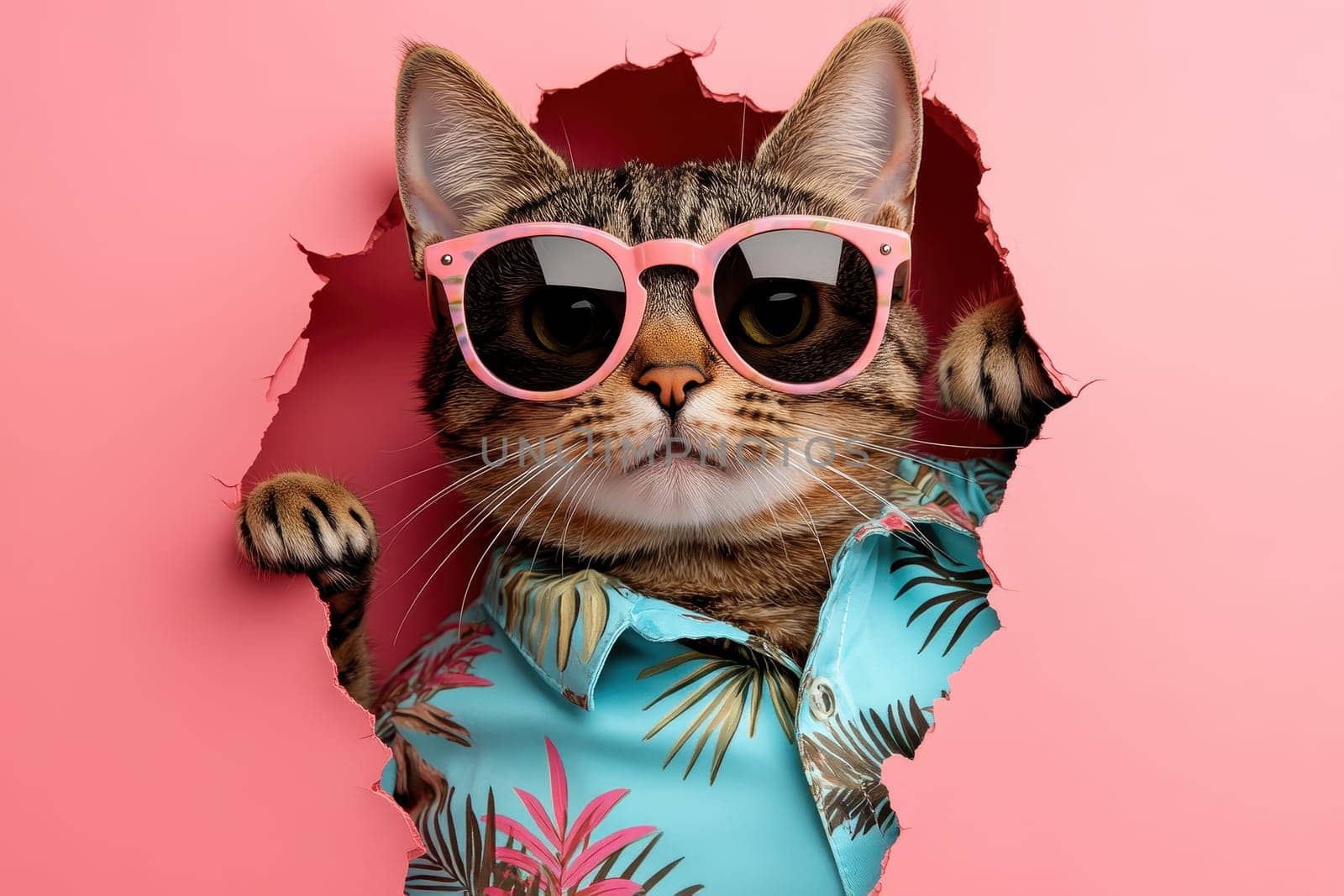 A playful cat wearing trendy sunglasses and a tropical shirt makes a humorous appearance through a torn pink wall. Perfect for summer-themed designs!