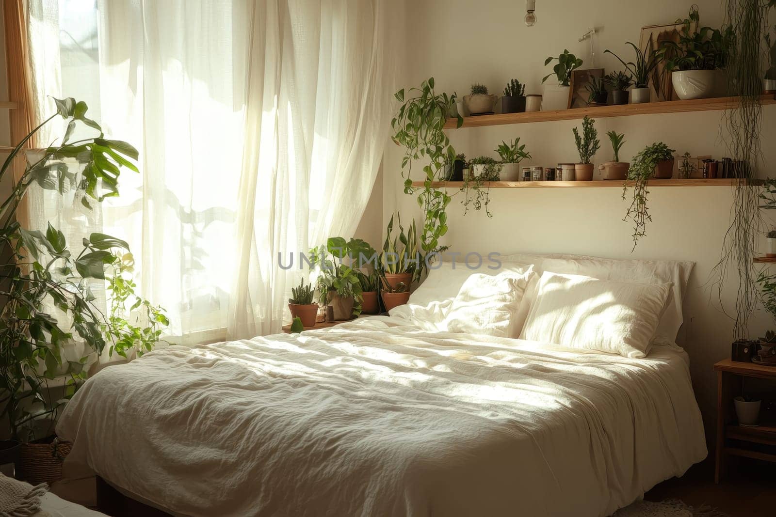 This cozy bedroom features soft bedding and vibrant indoor plants, illuminated by gentle natural light. A tranquil oasis for relaxation and peace.