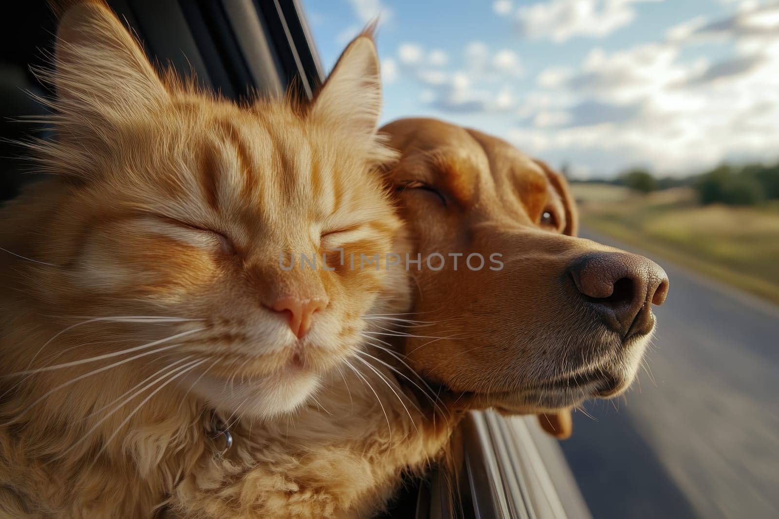 A cheerful scene depicting a cat and dog enjoying a car ride. Both animals show joyful expressions as they feel the wind and connect with nature.