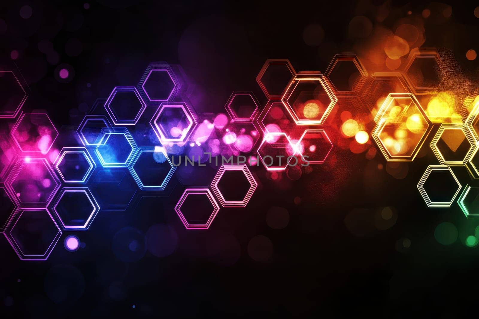 Stunning abstract background featuring colorful hexagonal shapes and vibrant bokeh light effects. Perfect for design projects, presentations, and creative work.