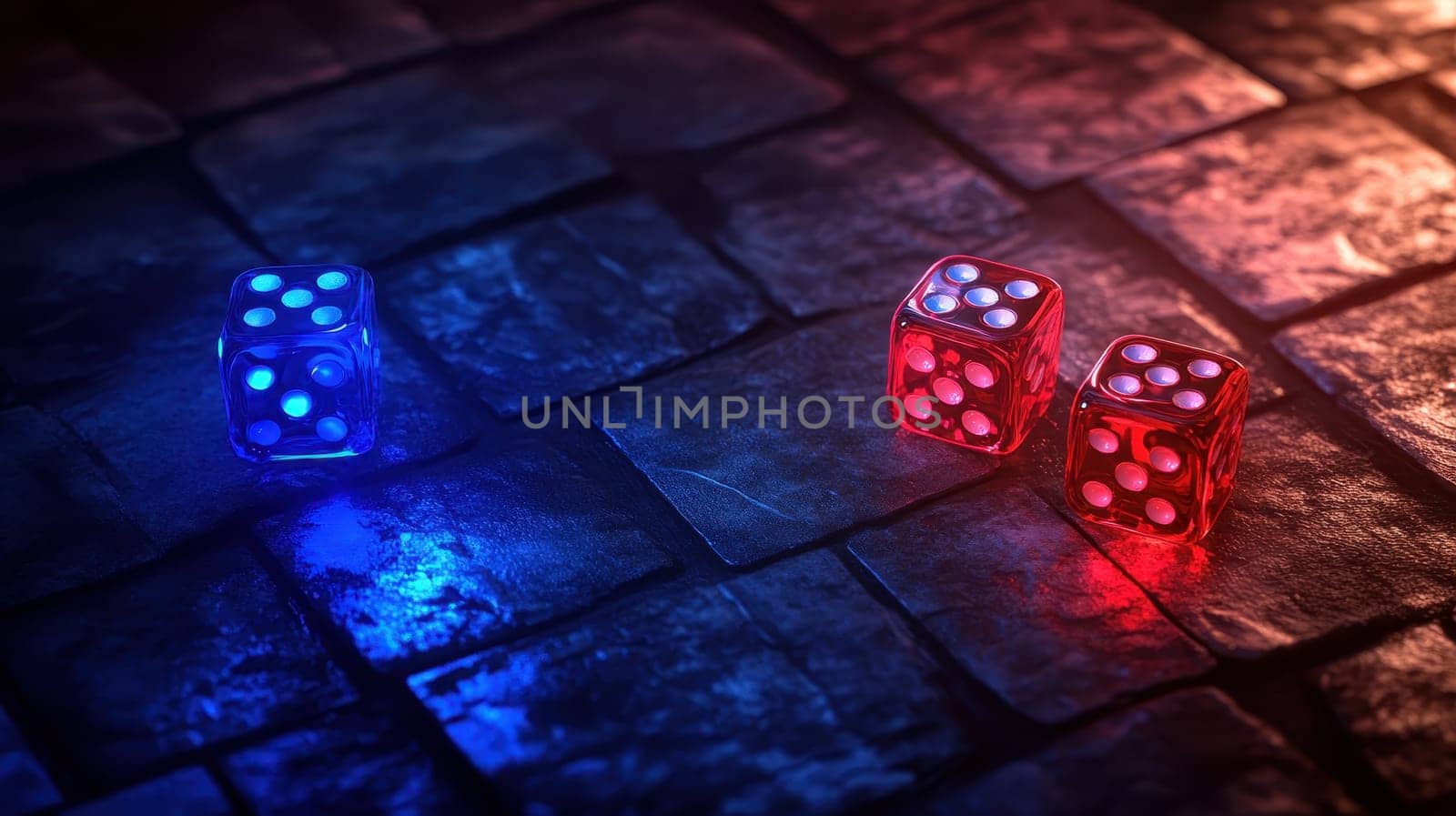Close-up of colorful dice illuminated by soft light, resting on a dark stone surface, evoking themes of chance and fun in gaming scenarios.