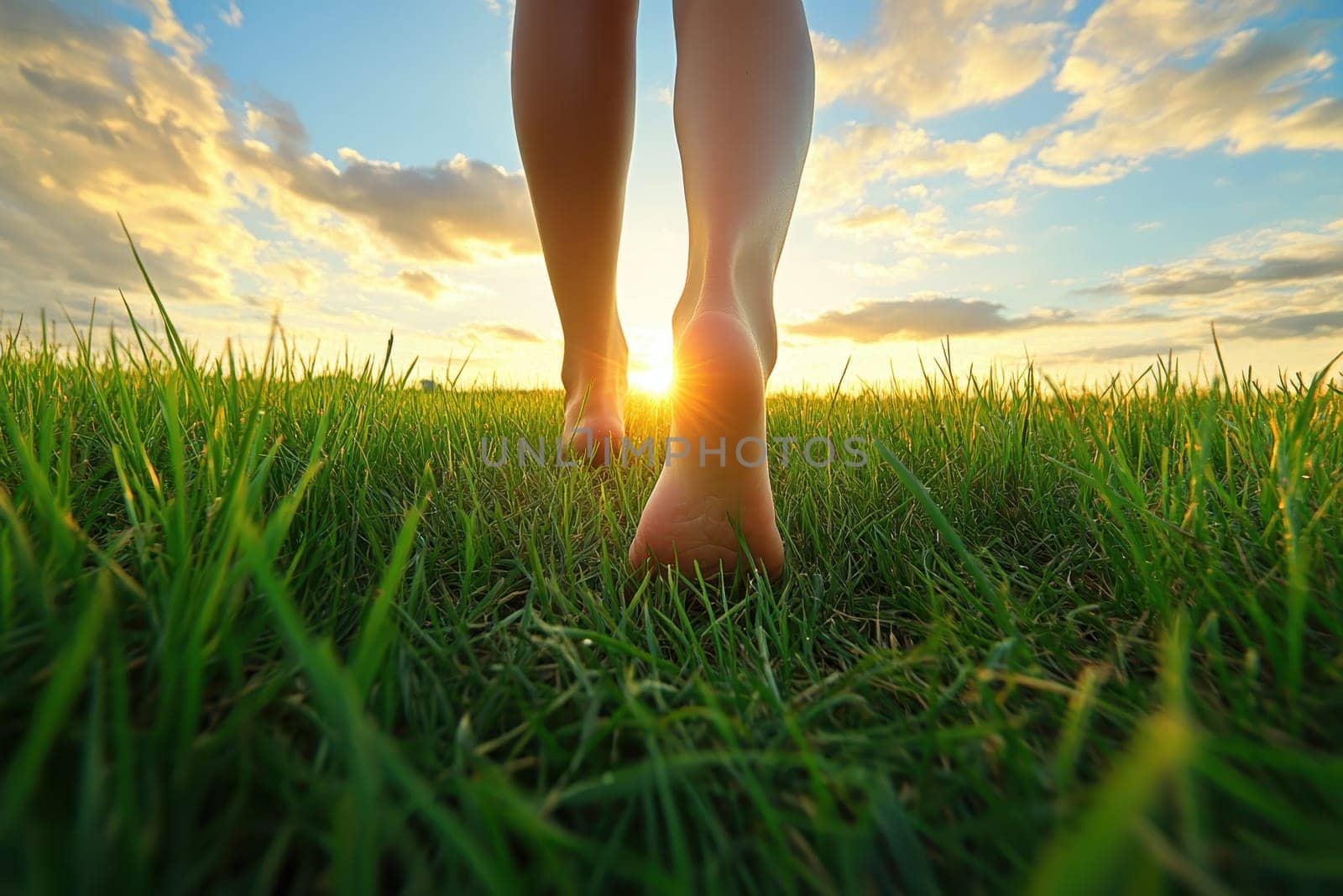 A serene scene of a person walking barefoot on lush green grass at sunset, capturing the beauty of nature, light, and tranquility in a peaceful outdoor setting.