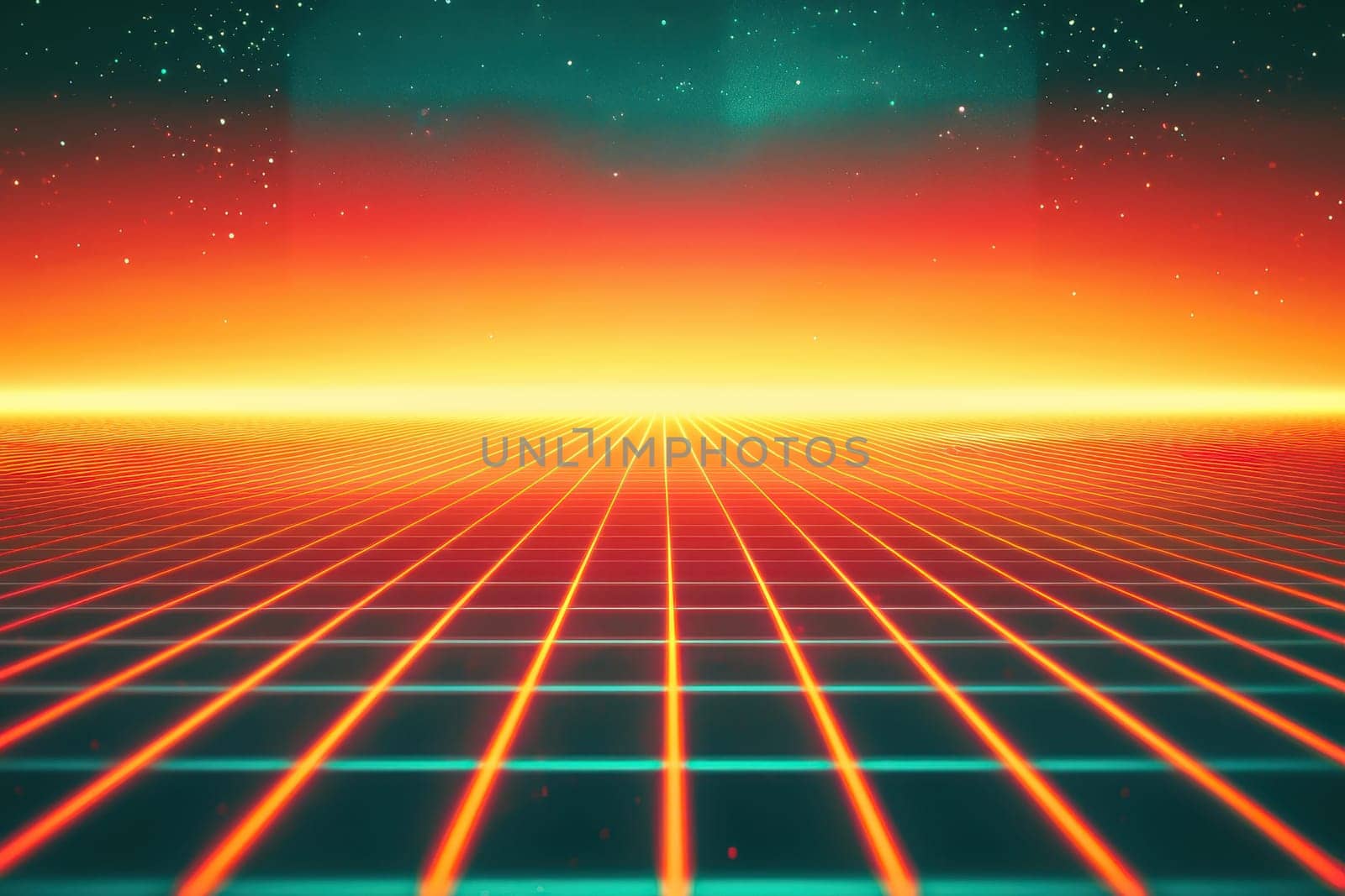 An expansive retro futuristic landscape showcasing a colorful grid under a vibrant sunset. The starry sky enhances the surreal atmosphere, making it perfect for creative projects.