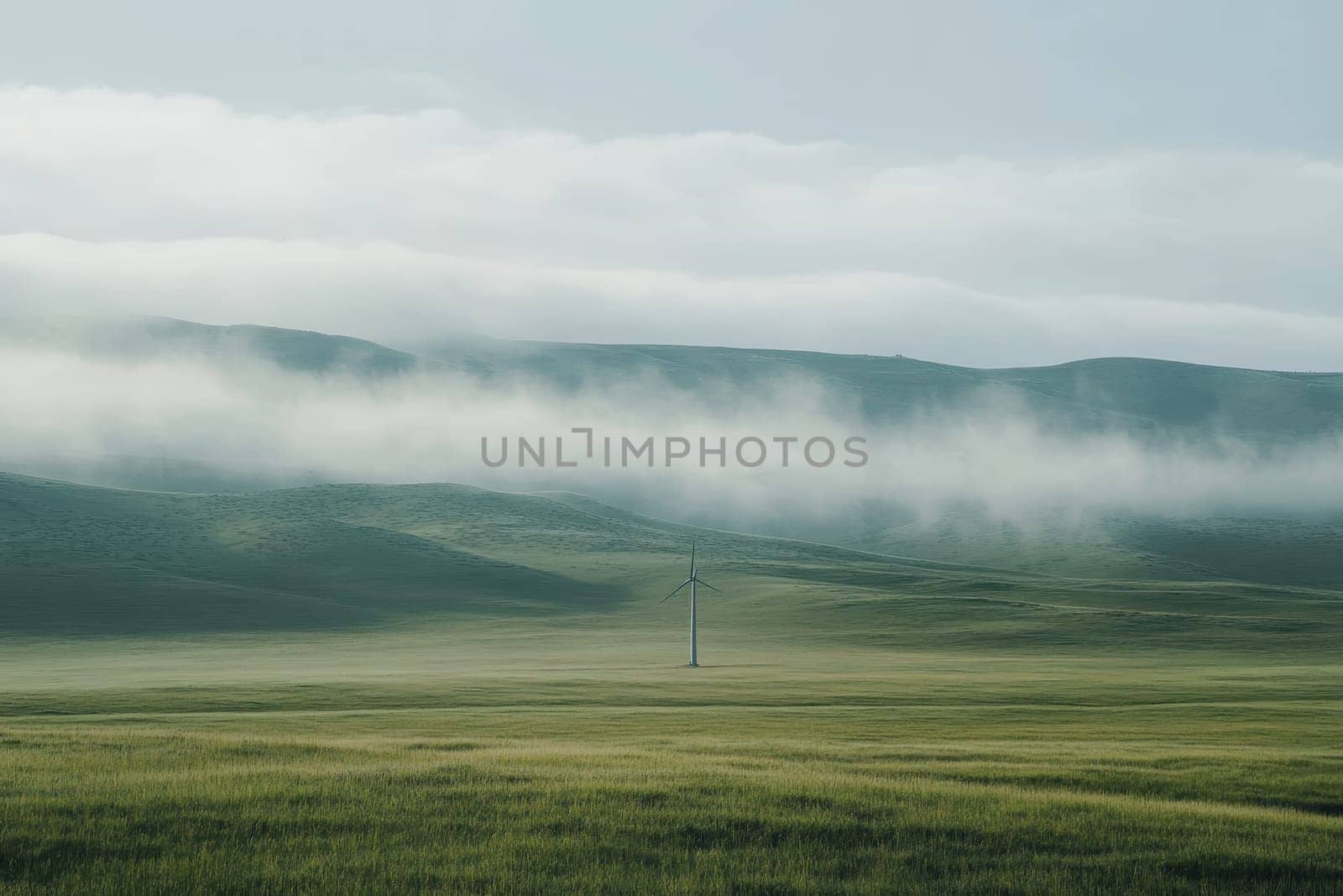 A tranquil landscape featuring a solitary wind turbine amidst lush green grass and gentle hills. Mist enshrouds the scene, enhancing the serene beauty of nature.
