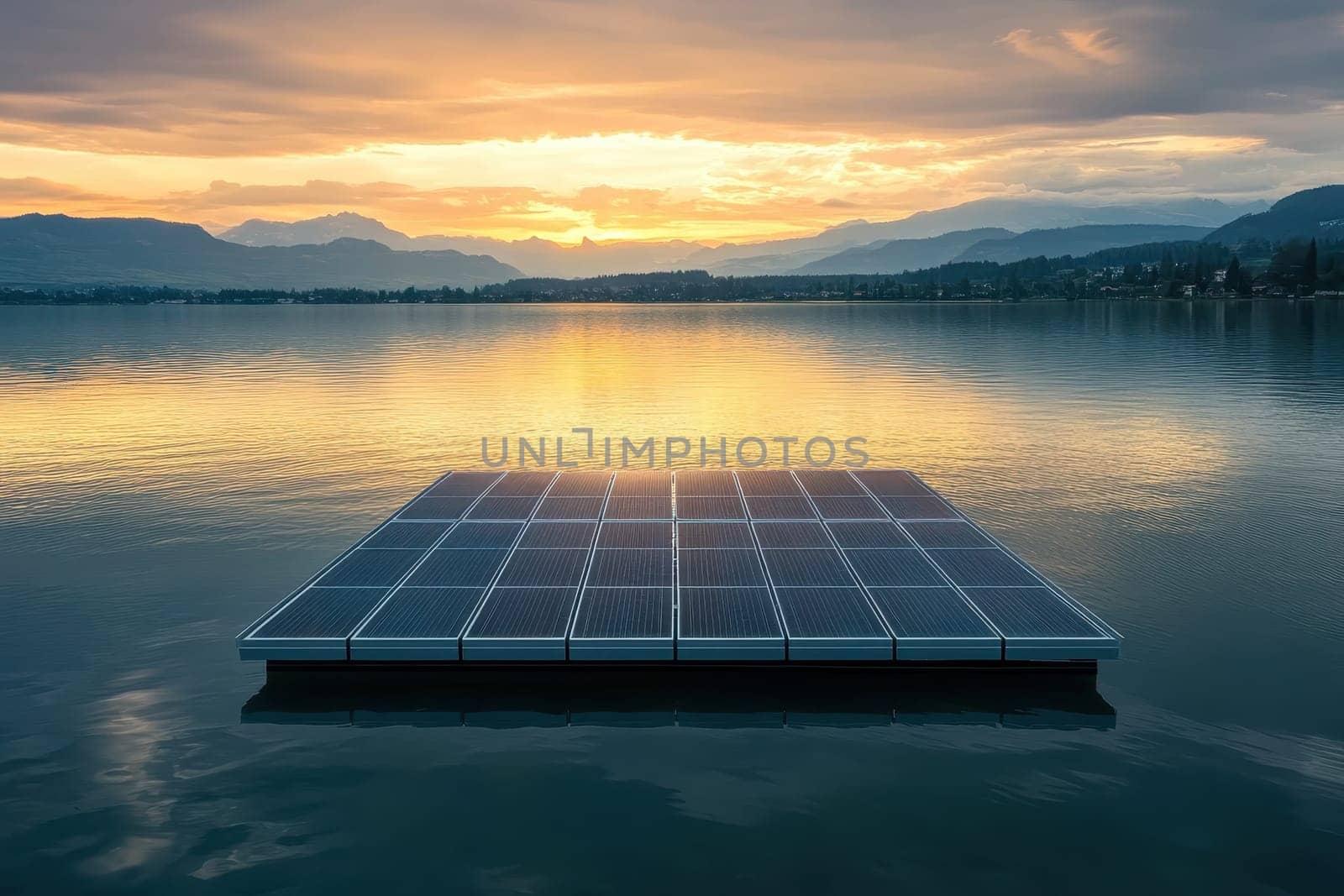 A serene image of solar panels floating on water during sunset, surrounded by majestic mountains, showcasing renewable energy and harmony with nature.