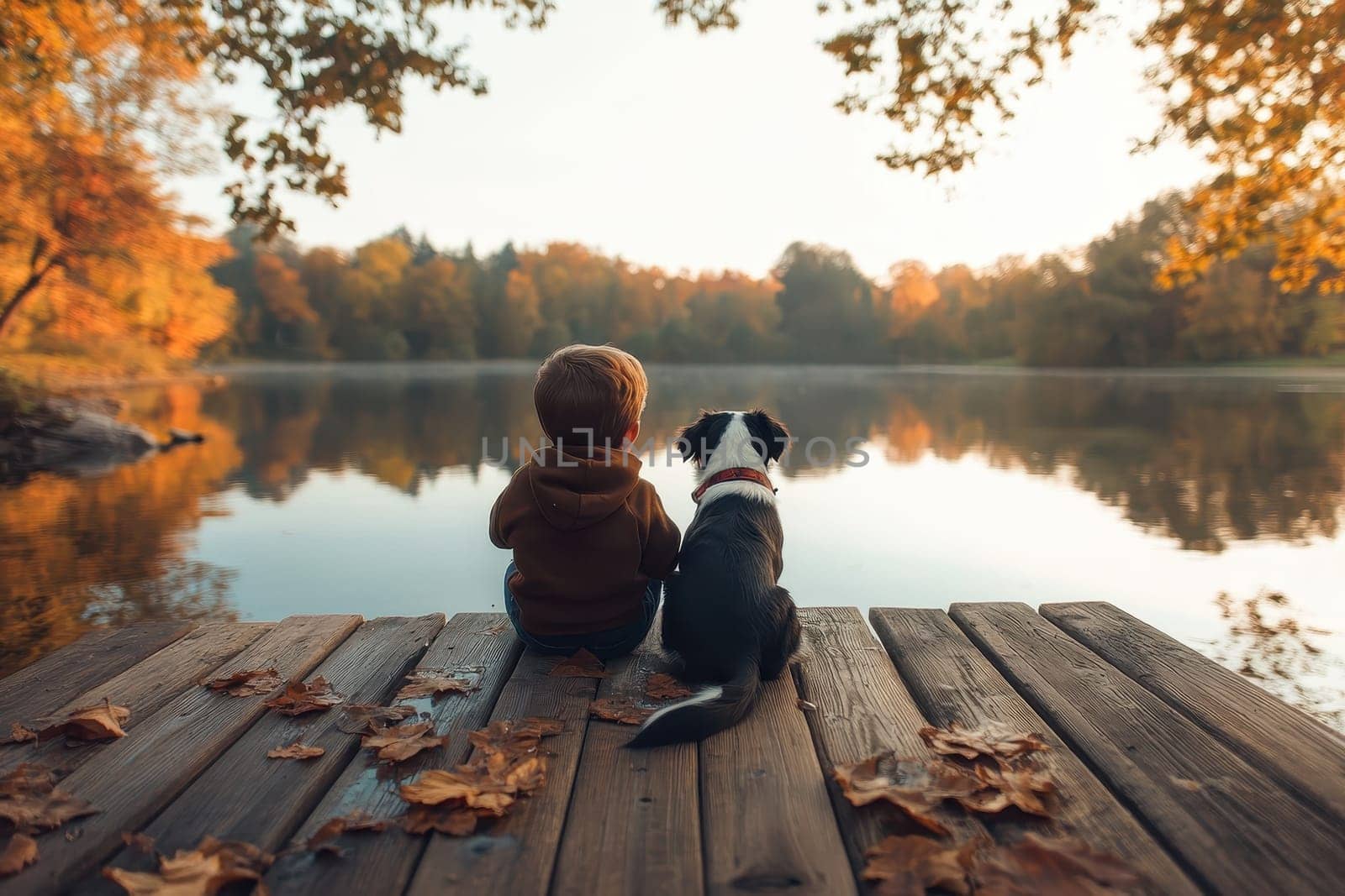 A heartwarming scene of a child and dog sitting side by side on a wooden dock, gazing at a tranquil lake framed by colorful autumn trees.