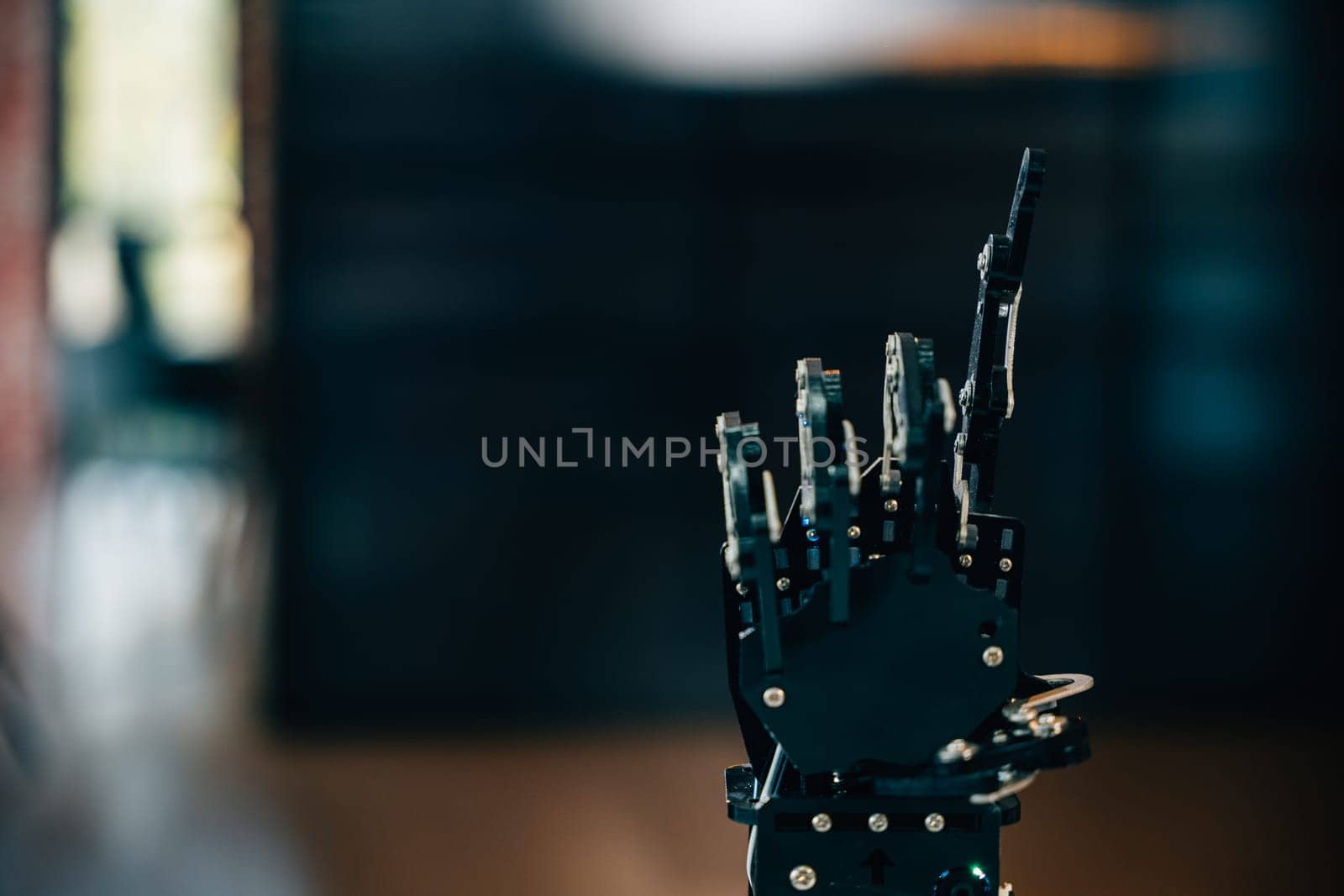 Demonstrating futuristic design a black real robot hand contacts a table. Symbolizing artificial intelligence evolution and technological innovation in modern robotics.